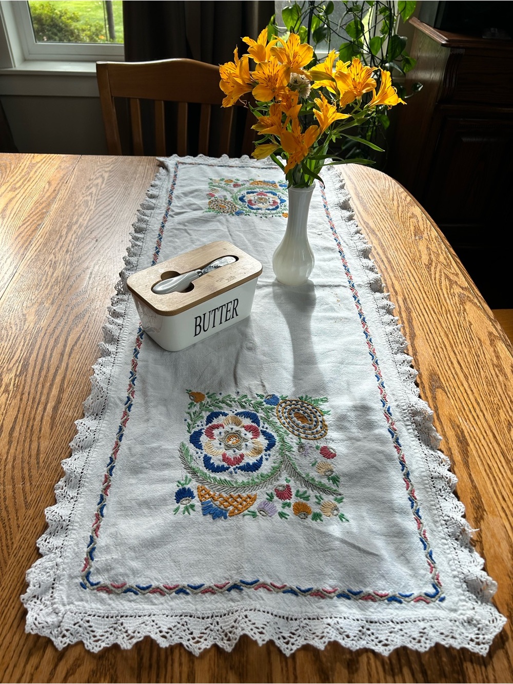 vintage Hand-Embroidered set of 3 White Lace Table Runners with Floral Motifs
